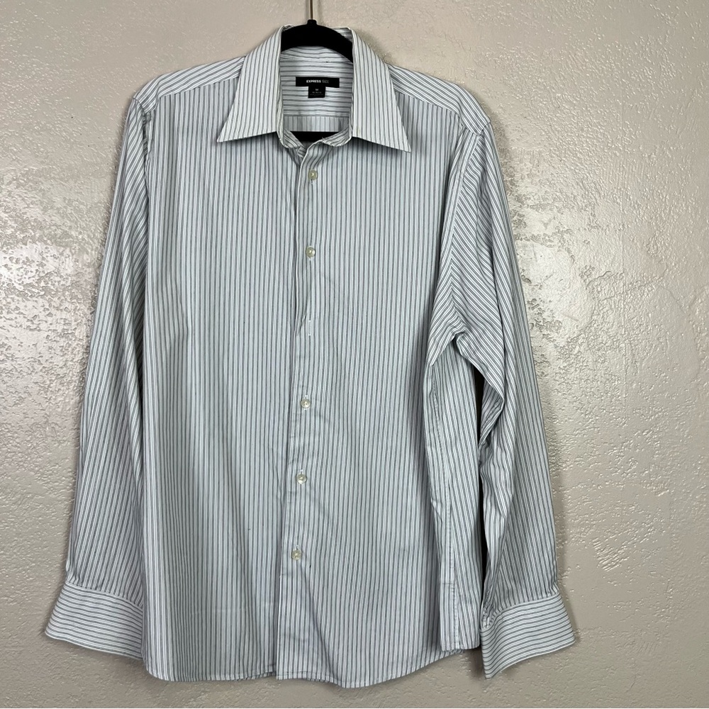 5 for $30 Express Shirt M Button Down‎ Dress Mens Gray White Striped Classic Fit